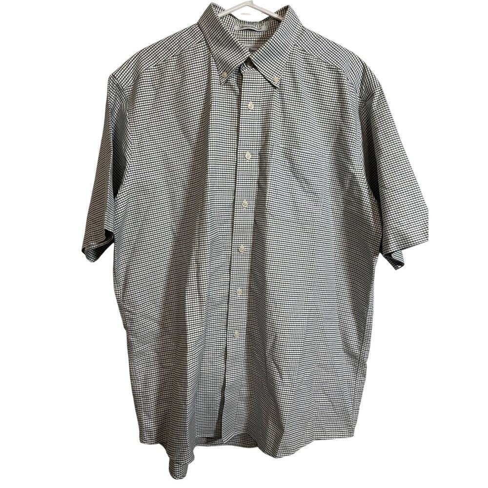 LL Bean Gingham Button Down Shirt Mens Large Green Blue Check Oxford Cotton 16.5